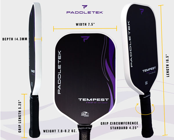 The new Paddletek Tempest TKO C 14.3mm pickleball paddle specifications